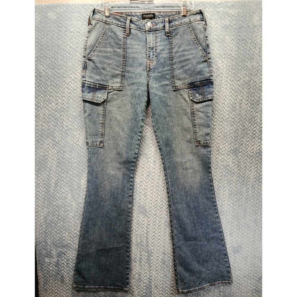 True Religion Cargo Flare Jeans Womens 30 Medium Wash Blue Y2K Utility Denim